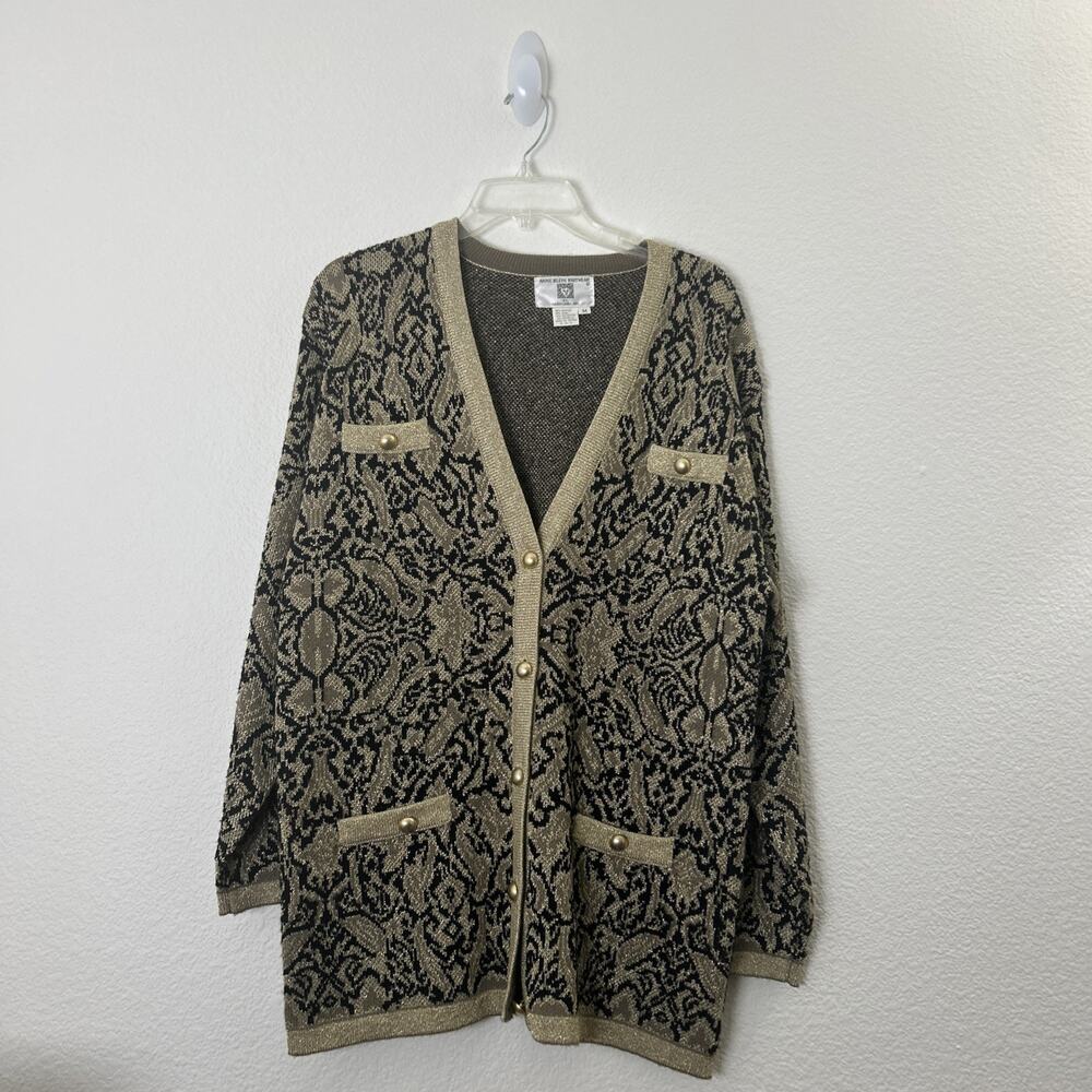 VTG ANNE KLEIN KNITWEAR Womens Cardigan Sweater Top Blouse M Metallic